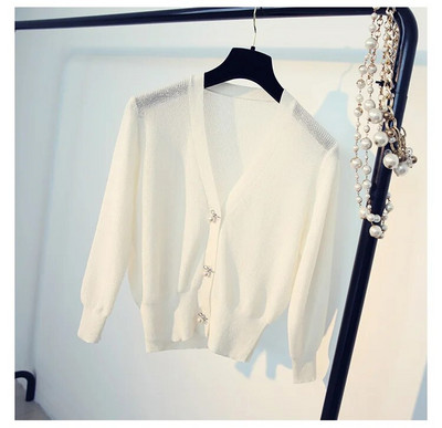 Γυαλιστερές vintage κομψές πλεκτές ζακέτες με μαργαριτάρι 2023 Γυναικείο πουλόβερ με λαιμόκοψη με κούφιο άνοιξη Νέο μονόχρωμο απλό μπουφάν