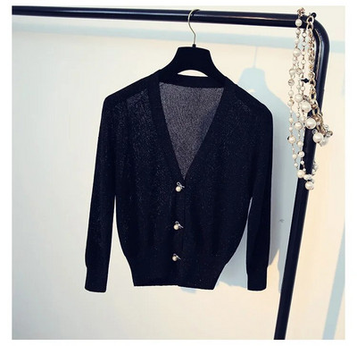 Γυαλιστερές vintage κομψές πλεκτές ζακέτες με μαργαριτάρι 2023 Γυναικείο πουλόβερ με λαιμόκοψη με κούφιο άνοιξη Νέο μονόχρωμο απλό μπουφάν