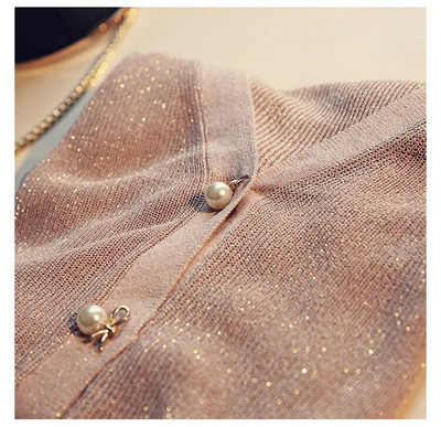 Γυαλιστερές vintage κομψές πλεκτές ζακέτες με μαργαριτάρι 2023 Γυναικείο πουλόβερ με λαιμόκοψη με κούφιο άνοιξη Νέο μονόχρωμο απλό μπουφάν