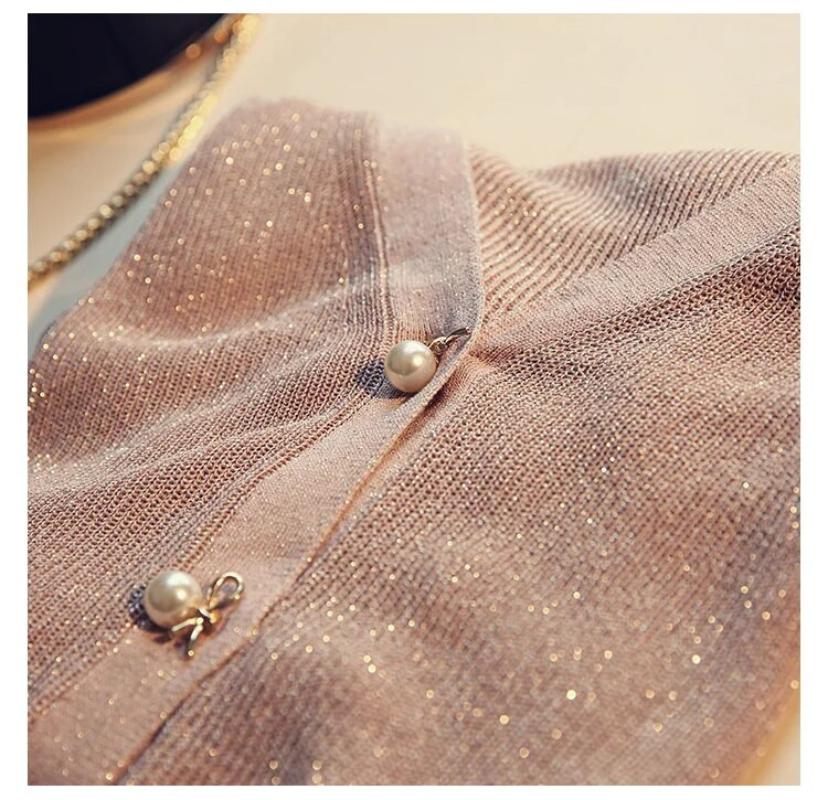 Γυαλιστερές vintage κομψές πλεκτές ζακέτες με μαργαριτάρι 2023 Γυναικείο πουλόβερ με λαιμόκοψη με κούφιο άνοιξη Νέο μονόχρωμο απλό μπουφάν