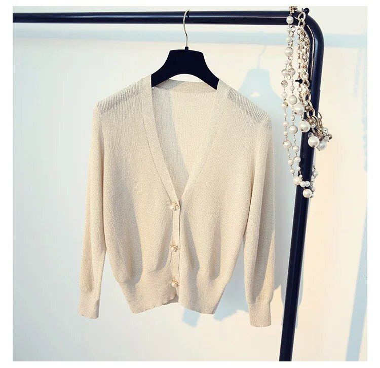 Γυαλιστερές vintage κομψές πλεκτές ζακέτες με μαργαριτάρι 2023 Γυναικείο πουλόβερ με λαιμόκοψη με κούφιο άνοιξη Νέο μονόχρωμο απλό μπουφάν