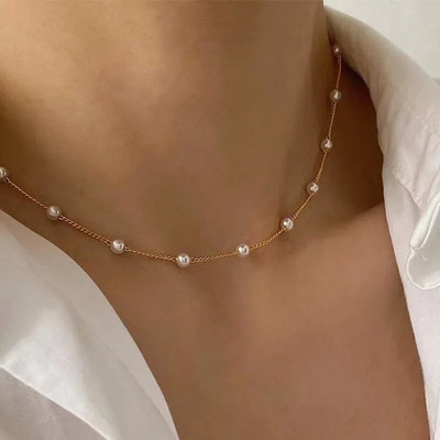 2022 New Beads Neck Chain Kpop Pearl Choker Necklace Gold Color Cute Chain Pendant Collar For Women Jewelry Girl Gift