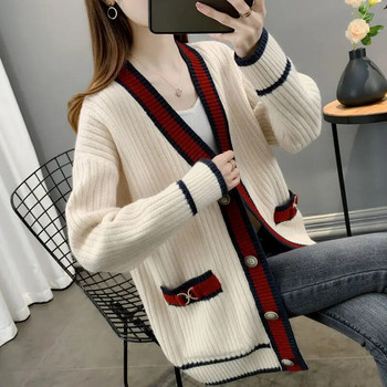 Есен и зима Нов пуловер Палто Пролетен корейски свободен пуловер в западен стил Модна жилетка с джоб на райе Свитер