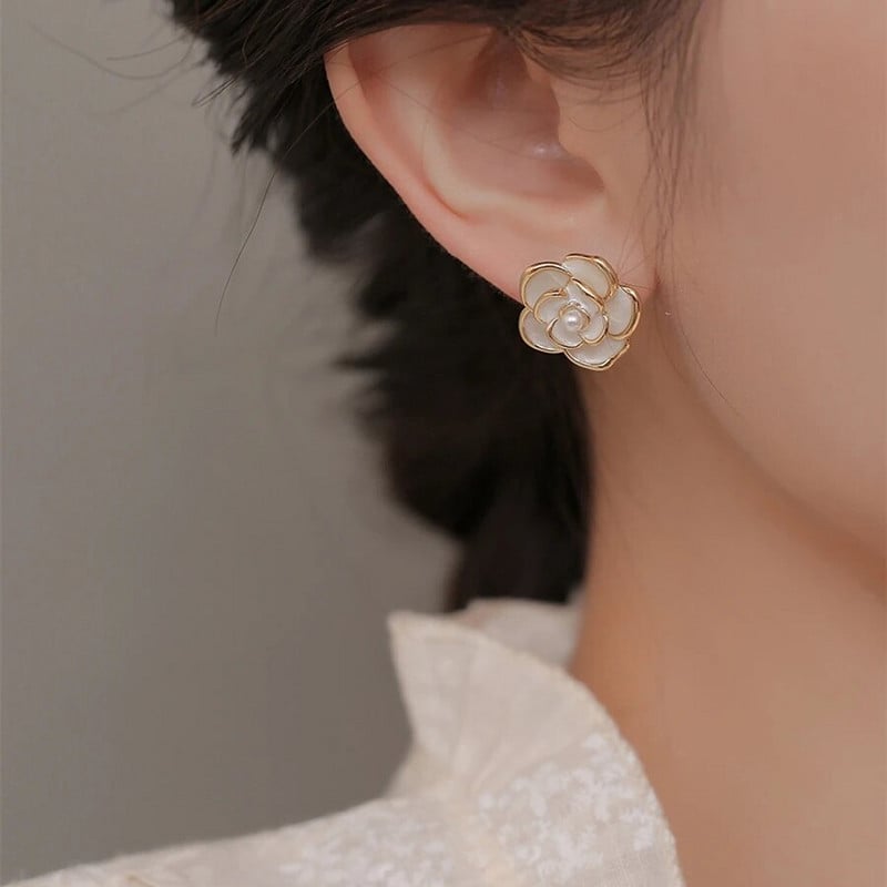 Απλή Πέρλα Λευκό Χρώμα Καμέλια Σκουλαρίκια Σκουλαρίκια Σμάλτο Λουλούδια Σκουλαρίκια Γυναικεία Κοσμήματα Γενεθλίων Pendientes Femeninos
