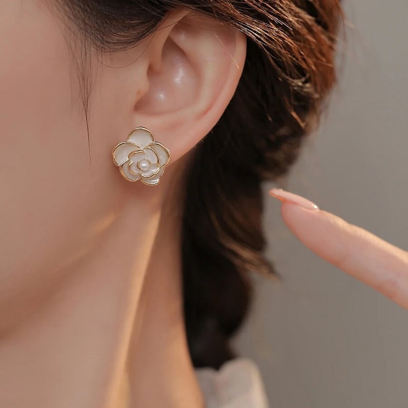 Απλή Πέρλα Λευκό Χρώμα Καμέλια Σκουλαρίκια Σκουλαρίκια Σμάλτο Λουλούδια Σκουλαρίκια Γυναικεία Κοσμήματα Γενεθλίων Pendientes Femeninos