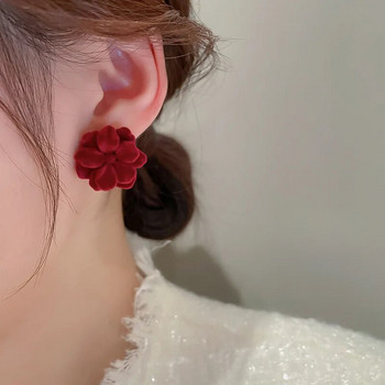 Есен Зима Винтидж модни обикновени сладки виненочервени кадифени обеци с розови цветя за жени Елегантни бижута Ежедневни аксесоари