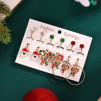 Коледен комплект обеци с щипки Коледно дърво Кафяв лос Снежен човек Дядо Коледа Камбанка Непробити обеци за жени Момичета Коледен подарък