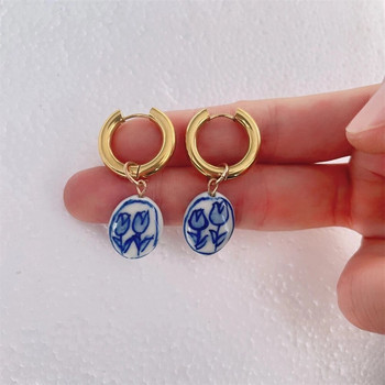 Μοντέρνα κρεμαστά σκουλαρίκια από ανοξείδωτο ατσάλι μπλε λευκό σμάλτο κεραμικά κρεμαστά σκουλαρίκια για γυναίκες γεωμετρία καθημερινά κοσμήματα Δώρο χονδρικής