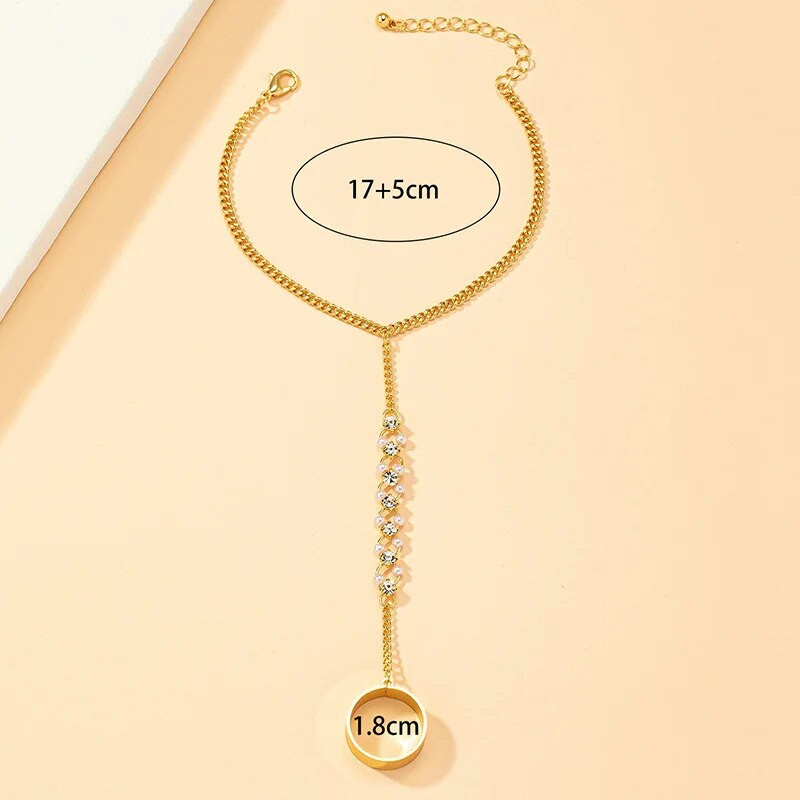 Βραχιόλι με μεταλλικό μαργαριτάρι με δαχτυλίδι για γυναίκες, βραχιόλια από στρας, γοτθική χρυσή αλυσίδα για γαμήλια πάρτι, καλοκαιρινά κοσμήματα