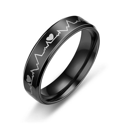 Moderni melni nerūsējošā tērauda elektrokardiogrammas sirdspukstu gredzeni vīriešiem sieviešu roka gredzeni modes šarms rotaslietas dāvanu vairumtirdzniecība