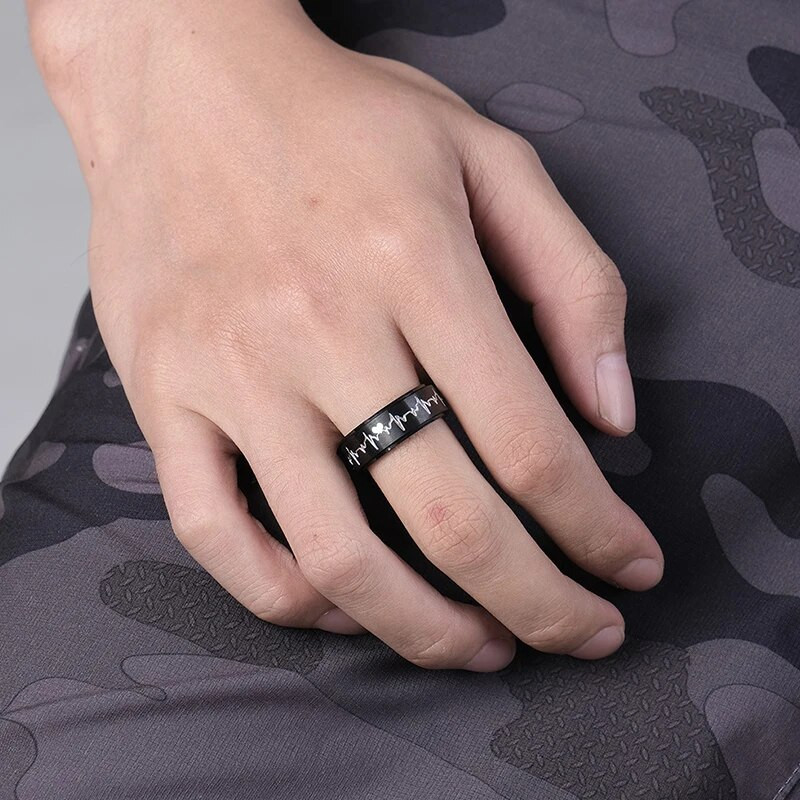 Moderni melni nerūsējošā tērauda elektrokardiogrammas sirdspukstu gredzeni vīriešiem sieviešu roka gredzeni modes šarms rotaslietas dāvanu vairumtirdzniecība