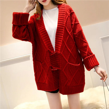 Κόκκινο χοντρό ζεστό πλεκτό πουλόβερ Γυναικεία φοιτητικά μπλουζάκια Φθινοπωρινή χειμερινή μόδα Casual χαλαρή πλεκτή μεγάλη τσέπη γυναικεία ζακέτα
