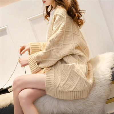 Piros, vastag, meleg kötött pulóver Női diák felsők Őszi téli divat alkalmi laza nagy zsebes kötött kardigán női pulóver