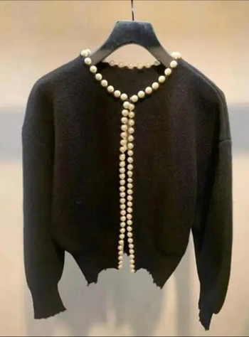 Перлена жилетка Вълнена плетена ретро дамско палто връхни дрехи за есента и зимата