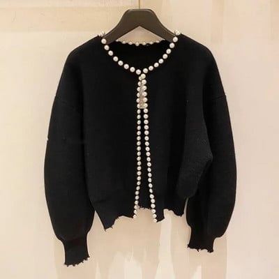 Cardigan cu perle Lână tricot Vintage haină pentru femei îmbrăcăminte exterioară toamnă și iarnă