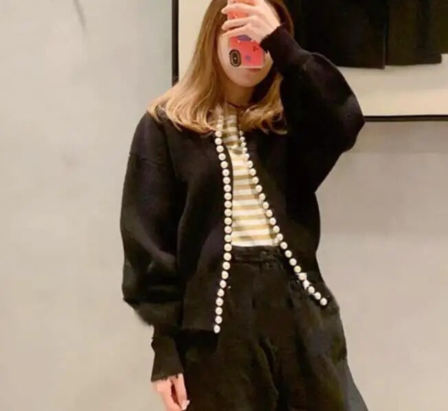 Pērļu jakas vilnas trikotāžas vintage sieviešu mētelis, ārējais apģērbs rudenī un ziemā