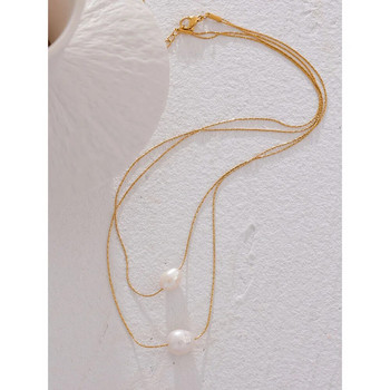 Yhpup Natural Freshwater Pearls Chain Double Layer Overlay Κολιέ Μόδας από ανοξείδωτο ατσάλι Υψηλής ποιότητας κοσμήματα λαιμού για γυναίκες