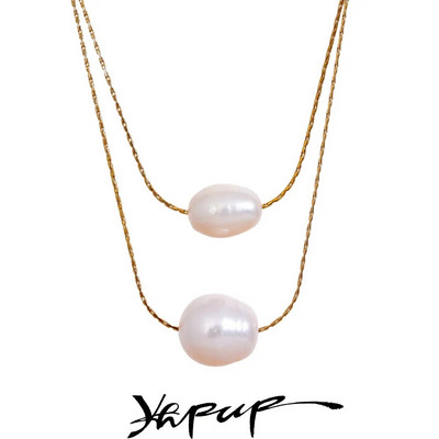 Yhpup Natural Freshwater Pearls Chain Double Layer Overlay Κολιέ Μόδας από ανοξείδωτο ατσάλι Υψηλής ποιότητας κοσμήματα λαιμού για γυναίκες