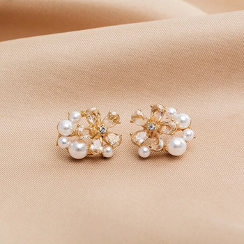 Корейски модни обеци с имитация на перли с кристални цветя за жени и момичета Сладки изявени обеци с цветя Парти бижута Подаръци