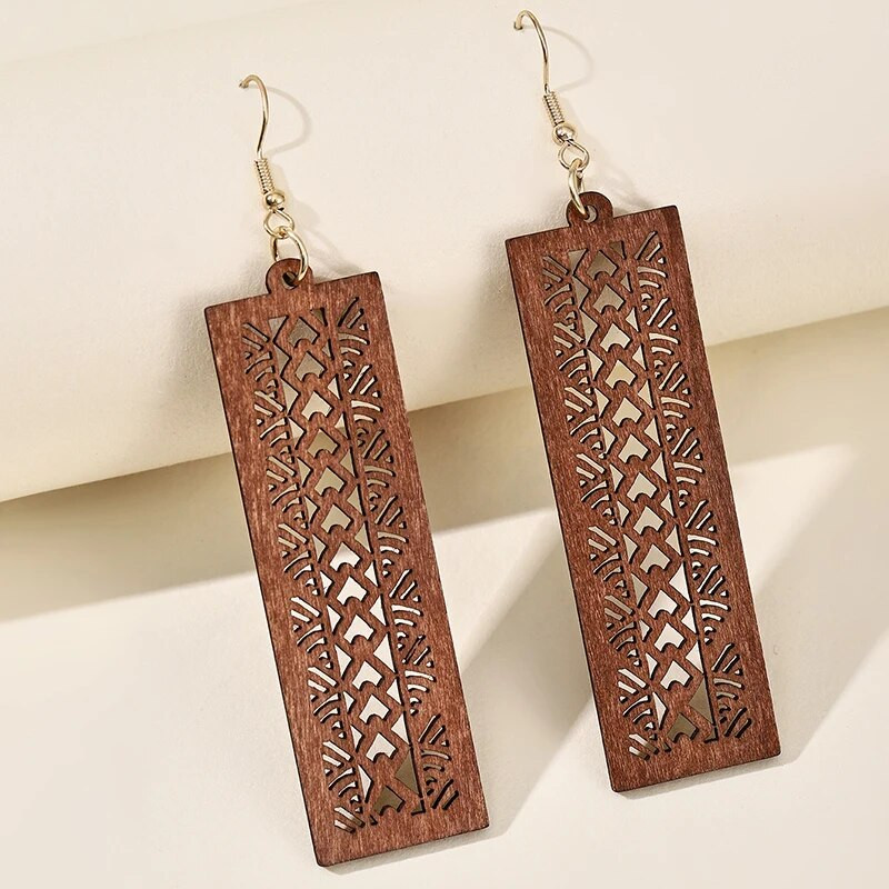 Sieviešu koka taisnstūris, ģeometriski dobi, grebti raksti, piekaramie auskari, sieviešu unikāls izteikums retro auskari, dizaina rotaslietas