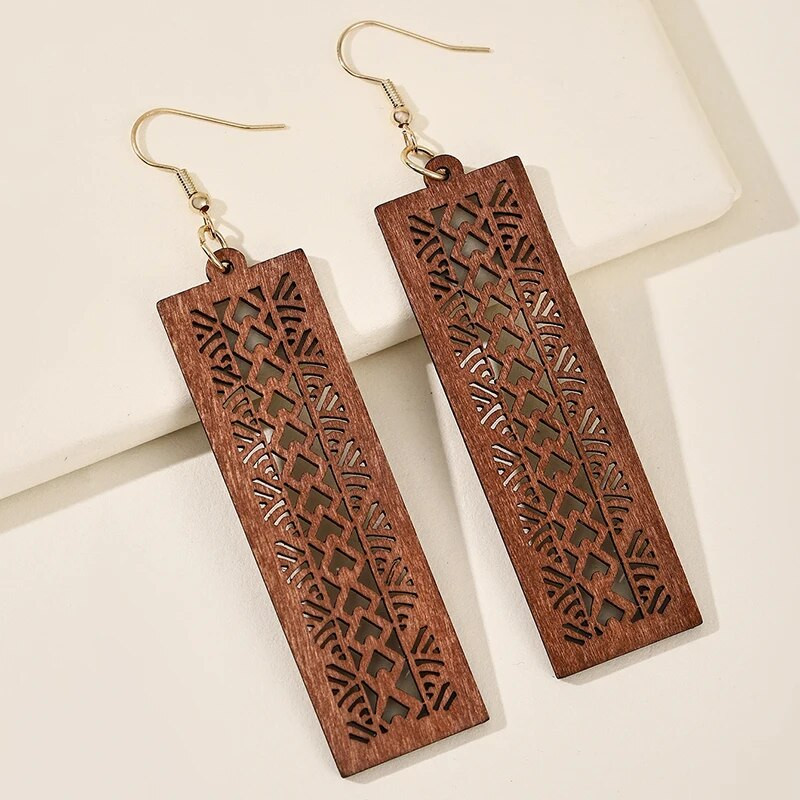 Sieviešu koka taisnstūris, ģeometriski dobi, grebti raksti, piekaramie auskari, sieviešu unikāls izteikums retro auskari, dizaina rotaslietas