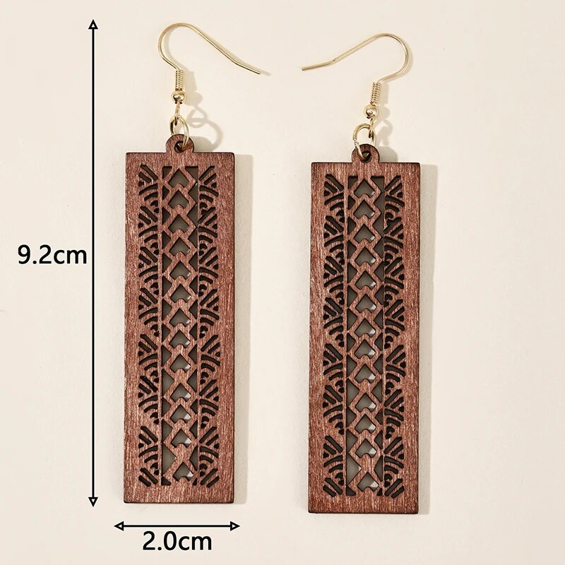 Sieviešu koka taisnstūris, ģeometriski dobi, grebti raksti, piekaramie auskari, sieviešu unikāls izteikums retro auskari, dizaina rotaslietas