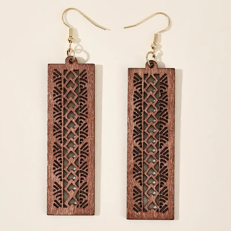 Sieviešu koka taisnstūris, ģeometriski dobi, grebti raksti, piekaramie auskari, sieviešu unikāls izteikums retro auskari, dizaina rotaslietas