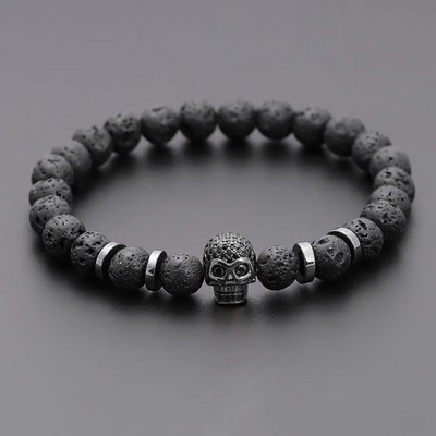 Βραχιόλι Black Eye Skull Hematite Bead Ανδρικό Κλασικό Χειροποίητο 8mm Βραχιόλι Γούρι από πέτρα λάβας για άνδρες Δώρο κοσμήματος