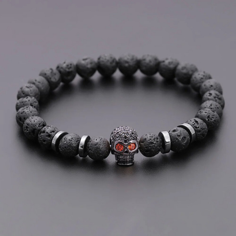 Black Eye Skull Hematite Pērlīšu rokassprādze vīriešiem klasiska roku darbs 8mm lavas akmens šarmu rokassprādze vīriešiem rotaslietas dāvana