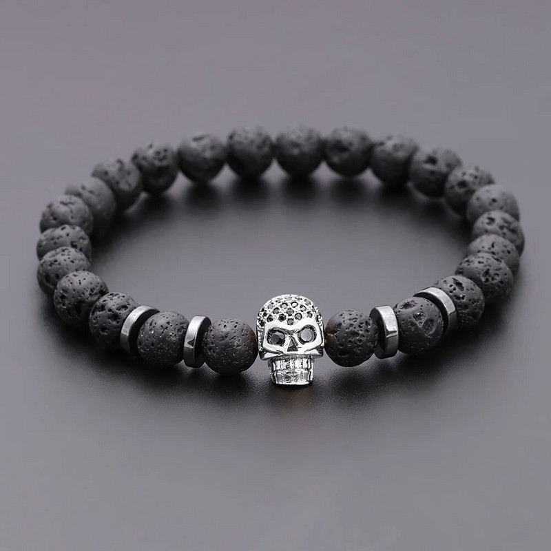 Black Eye Skull Hematite Pērlīšu rokassprādze vīriešiem klasiska roku darbs 8mm lavas akmens šarmu rokassprādze vīriešiem rotaslietas dāvana
