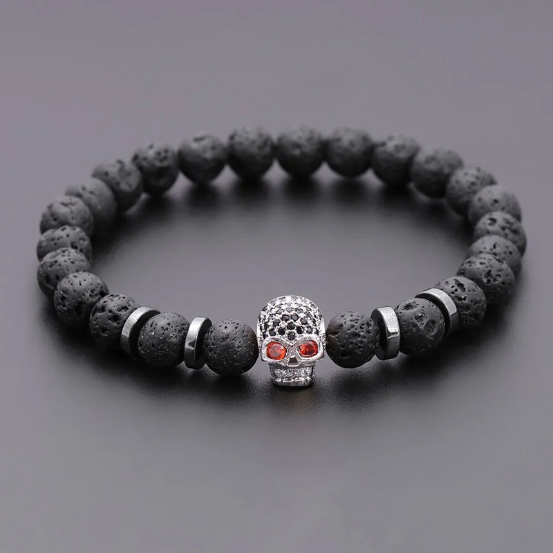 Black Eye Skull Hematite Pērlīšu rokassprādze vīriešiem klasiska roku darbs 8mm lavas akmens šarmu rokassprādze vīriešiem rotaslietas dāvana