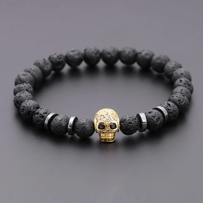 Black Eye Skull Hematite Pērlīšu rokassprādze vīriešiem klasiska roku darbs 8mm lavas akmens šarmu rokassprādze vīriešiem rotaslietas dāvana