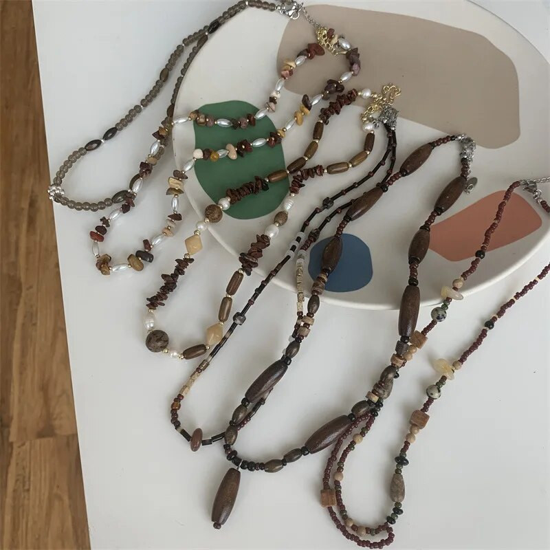 Σχεδιασμός στυλ καφέ χρώμα ρετρό Νέο κινέζικο στυλ Χειροποίητο πέτρινο ξύλινο κολιέ με χάντρες ιδιοσυγκρασία κολιέ γυναίκα