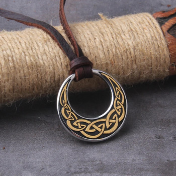 Στρογγυλό κρεμαστό κολιέ Never Fade Celtic Knot με ρυθμιζόμενη δερμάτινη αλυσίδα κορδονιού με ξύλινο κουτί vikings ως δώρο