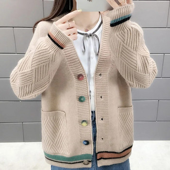 Μόδα πλεκτές τσέπες με λαιμόκοψη σε σχήμα V Πουλόβερ ζακέτα με όλα τα ταιριαστά γυναικεία ρούχα 2023 Φθινόπωρο Νέα casual τοπ Χαλαρά κορεάτικα παλτό
