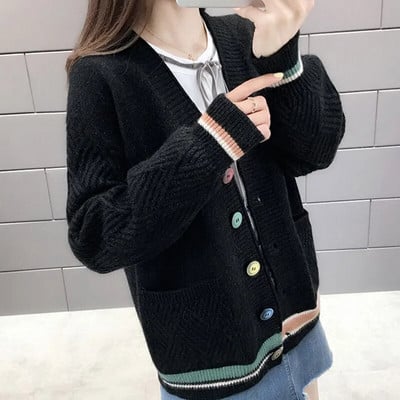 Moodsad V-kaelusega silmkoelised splaissitud taskud Sobivad kardigan kampsunid Naiste rõivad 2023. aasta sügis, uued vabaaja topid, lahtised korea mantel