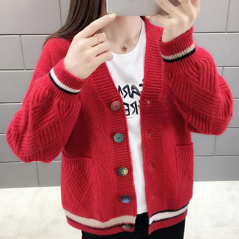 Moodsad V-kaelusega silmkoelised splaissitud taskud Sobivad kardigan kampsunid Naiste rõivad 2023. aasta sügis, uued vabaaja topid, lahtised korea mantel