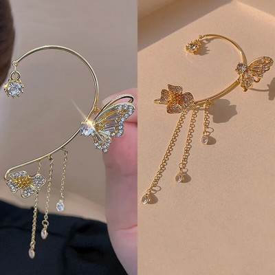 Γυαλιστερό ζιργκόν πεταλούδα μανσέτα αυτιού χρυσό χρώμα φούντα κλιπ σε σκουλαρίκια για γυναίκες Χάλκινο σκουλαρίκι Κορέας στυλ χωρίς κοσμήματα διάτρησης