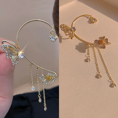 Γυαλιστερό ζιργκόν πεταλούδα μανσέτα αυτιού χρυσό χρώμα φούντα κλιπ σε σκουλαρίκια για γυναίκες Χάλκινο σκουλαρίκι Κορέας στυλ χωρίς κοσμήματα διάτρησης