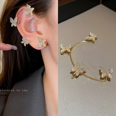 Γυαλιστερό ζιργκόν πεταλούδα μανσέτα αυτιού χρυσό χρώμα φούντα κλιπ σε σκουλαρίκια για γυναίκες Χάλκινο σκουλαρίκι Κορέας στυλ χωρίς κοσμήματα διάτρησης