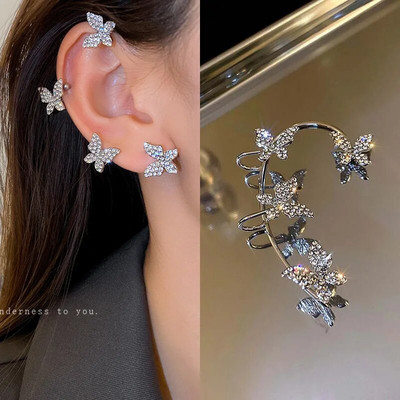 Γυαλιστερό ζιργκόν πεταλούδα μανσέτα αυτιού χρυσό χρώμα φούντα κλιπ σε σκουλαρίκια για γυναίκες Χάλκινο σκουλαρίκι Κορέας στυλ χωρίς κοσμήματα διάτρησης