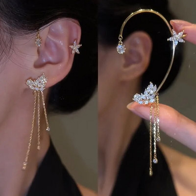 Γυαλιστερό ζιργκόν πεταλούδα μανσέτα αυτιού χρυσό χρώμα φούντα κλιπ σε σκουλαρίκια για γυναίκες Χάλκινο σκουλαρίκι Κορέας στυλ χωρίς κοσμήματα διάτρησης