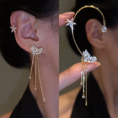 Γυαλιστερό ζιργκόν πεταλούδα μανσέτα αυτιού χρυσό χρώμα φούντα κλιπ σε σκουλαρίκια για γυναίκες Χάλκινο σκουλαρίκι Κορέας στυλ χωρίς κοσμήματα διάτρησης