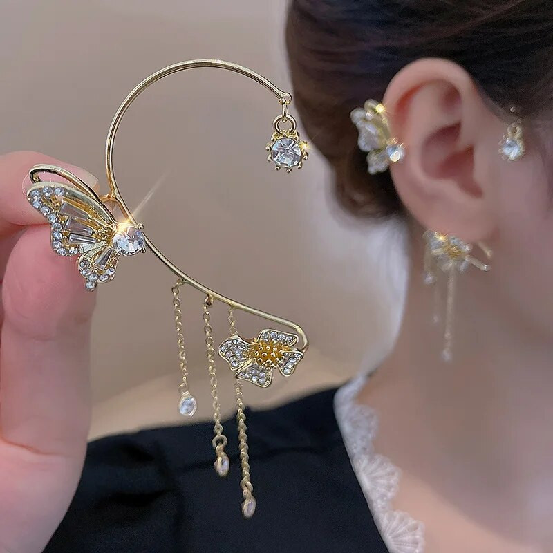 Γυαλιστερό ζιργκόν πεταλούδα μανσέτα αυτιού χρυσό χρώμα φούντα κλιπ σε σκουλαρίκια για γυναίκες Χάλκινο σκουλαρίκι Κορέας στυλ χωρίς κοσμήματα διάτρησης