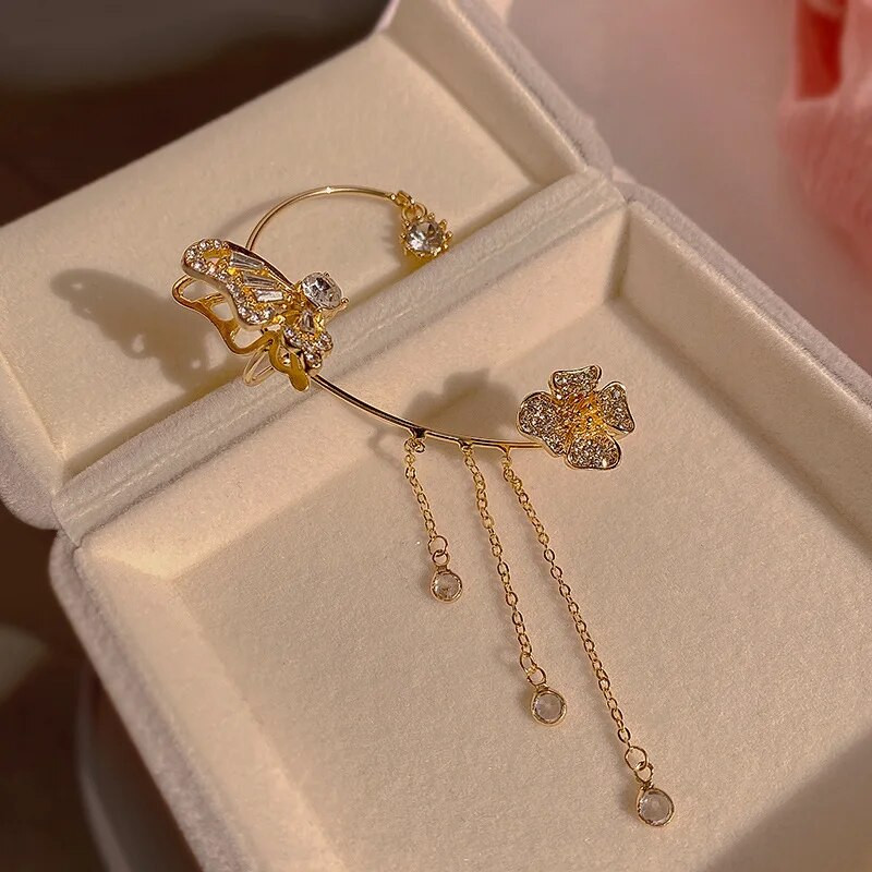 Γυαλιστερό ζιργκόν πεταλούδα μανσέτα αυτιού χρυσό χρώμα φούντα κλιπ σε σκουλαρίκια για γυναίκες Χάλκινο σκουλαρίκι Κορέας στυλ χωρίς κοσμήματα διάτρησης