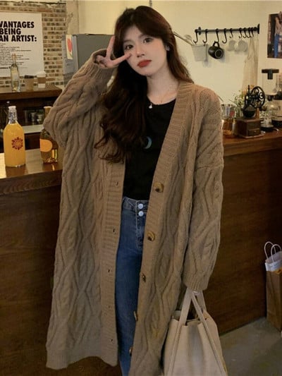 Jauni modes sieviešu džemperi, 2023. gada rudens, ziemas, vienrindas vienrindas, gara trikotāžas mētelis sievietēm Apģērbi Trikotāžas Topi