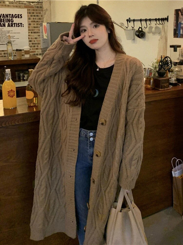 Jauni modes sieviešu džemperi, 2023. gada rudens, ziemas, vienrindas vienrindas, gara trikotāžas mētelis sievietēm Apģērbi Trikotāžas Topi