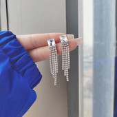 Strasszos cirkon négyzet alakú rúd hosszú cérna bojtos csepp fülbevaló nőknek Fényes geometrikus koreai fülbevaló Divat csillogó ékszerek