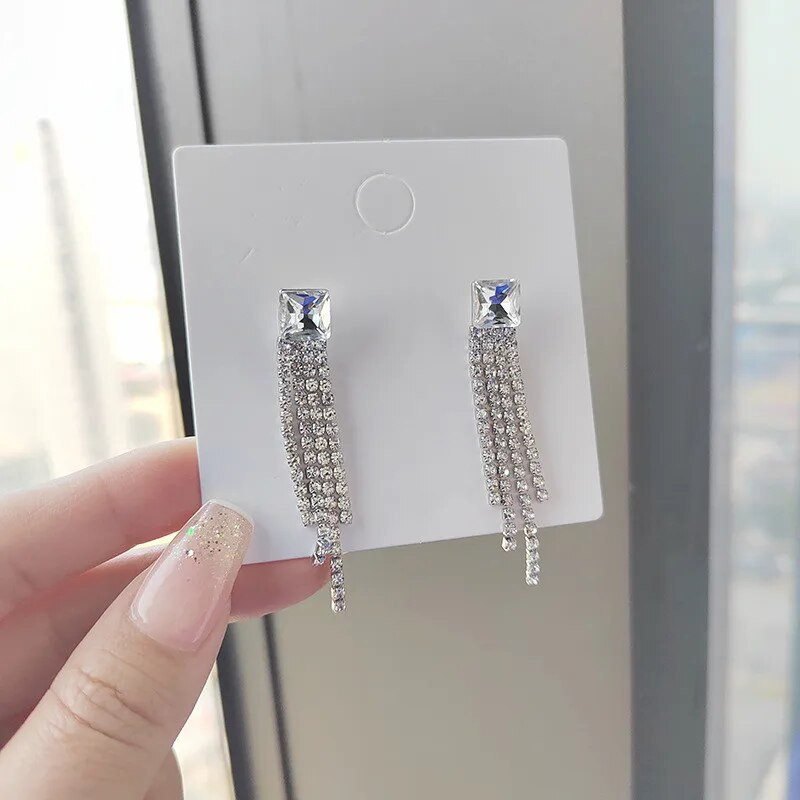 Strasszos cirkon négyzet alakú rúd hosszú cérna bojtos csepp fülbevaló nőknek Fényes geometrikus koreai fülbevaló Divat csillogó ékszerek