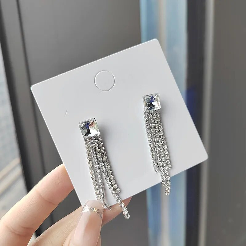 Strasszos cirkon négyzet alakú rúd hosszú cérna bojtos csepp fülbevaló nőknek Fényes geometrikus koreai fülbevaló Divat csillogó ékszerek